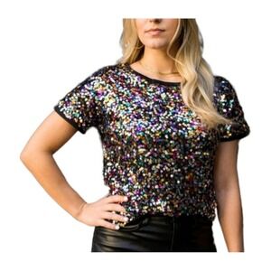 Anna-Kaci Womens Multi Sequin Top M Sparkle Short Sleeve 
Rave Party Going Out